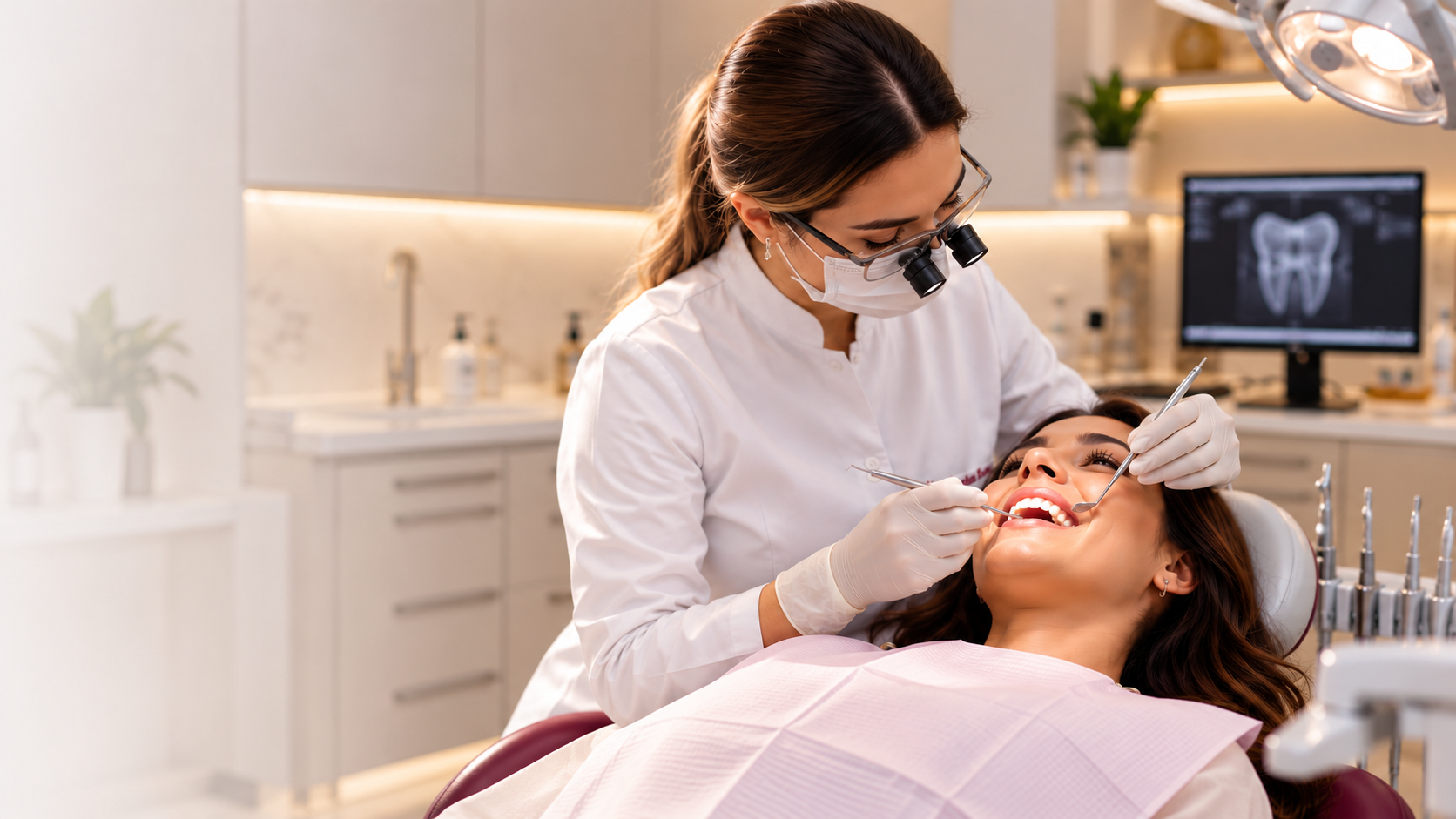 Dentista atendendo uma paciente sorridente, com lupa de aumento, em consultório claro