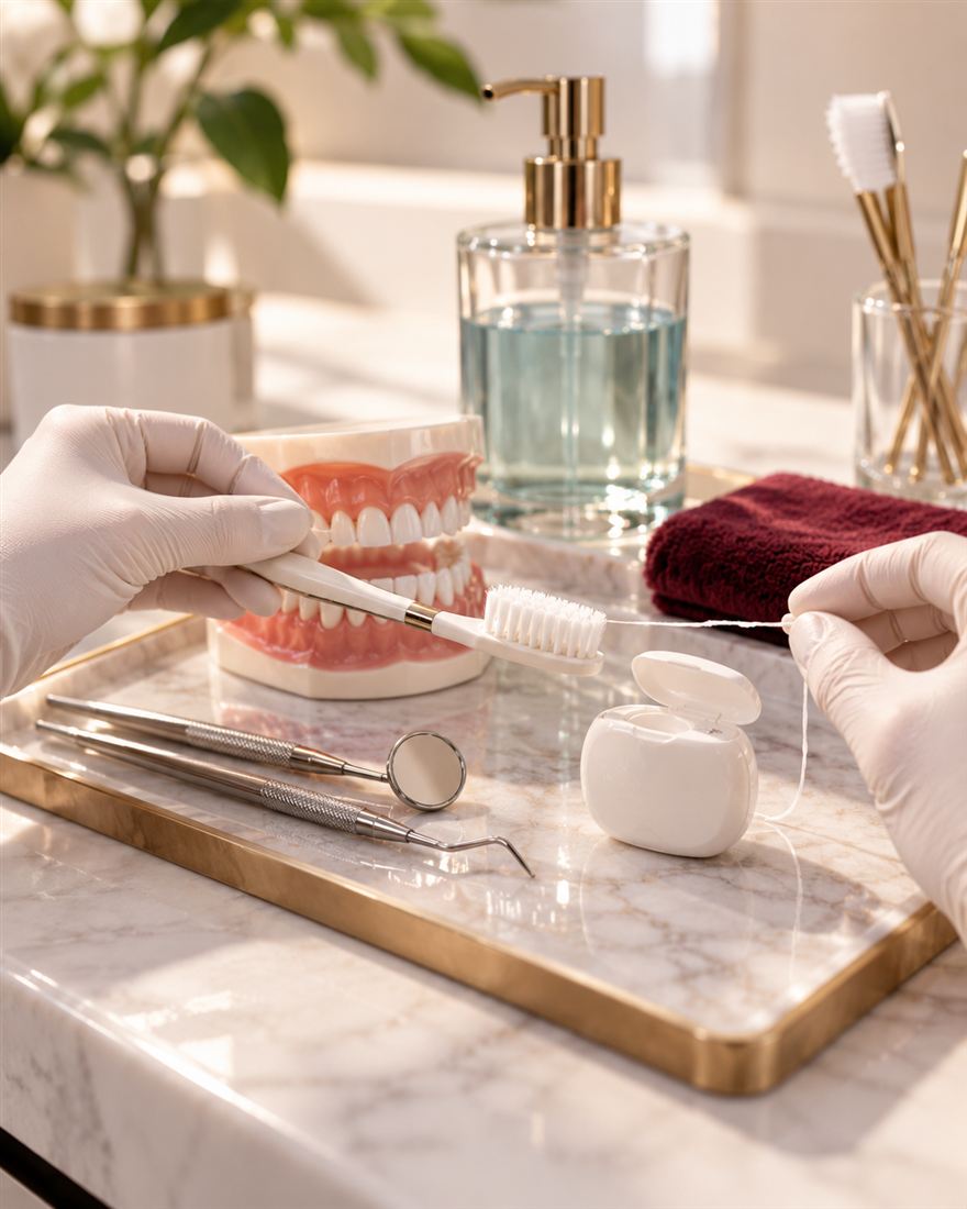 Escova, fio dental e modelo de arcada sobre a bandeja de limpeza